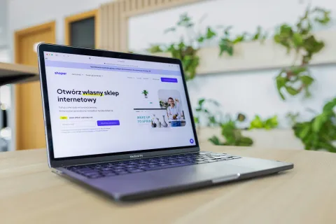 Laptop con p&aacute;gina web de comercio electr&oacute;nico abierta, en un escritorio de madera, con plantas verdes al fondo.